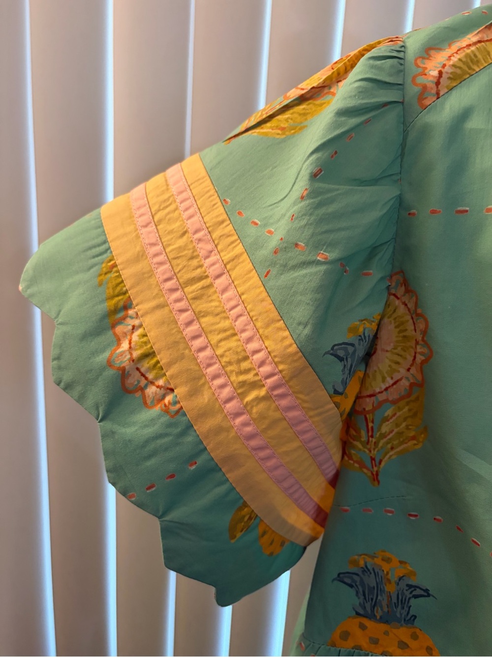 Umgee green, yellow and pink Floral 100% Cotton dress with scalloped sleeves - Picture 3 of 6